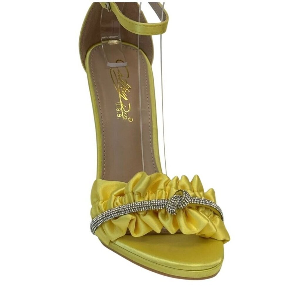 KATHY DIN / Chelsey-17 / Yellow Satin / Rhinestone / Ruffle / High Heeled Sandal - Picture 3 of 10